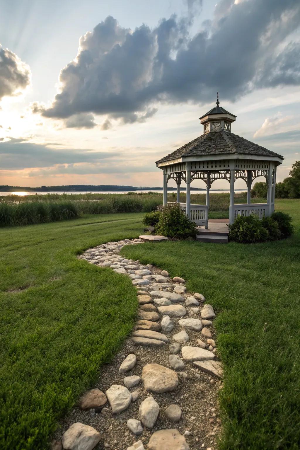 River rock paths introduce movement and natural beauty to gazebo floors.