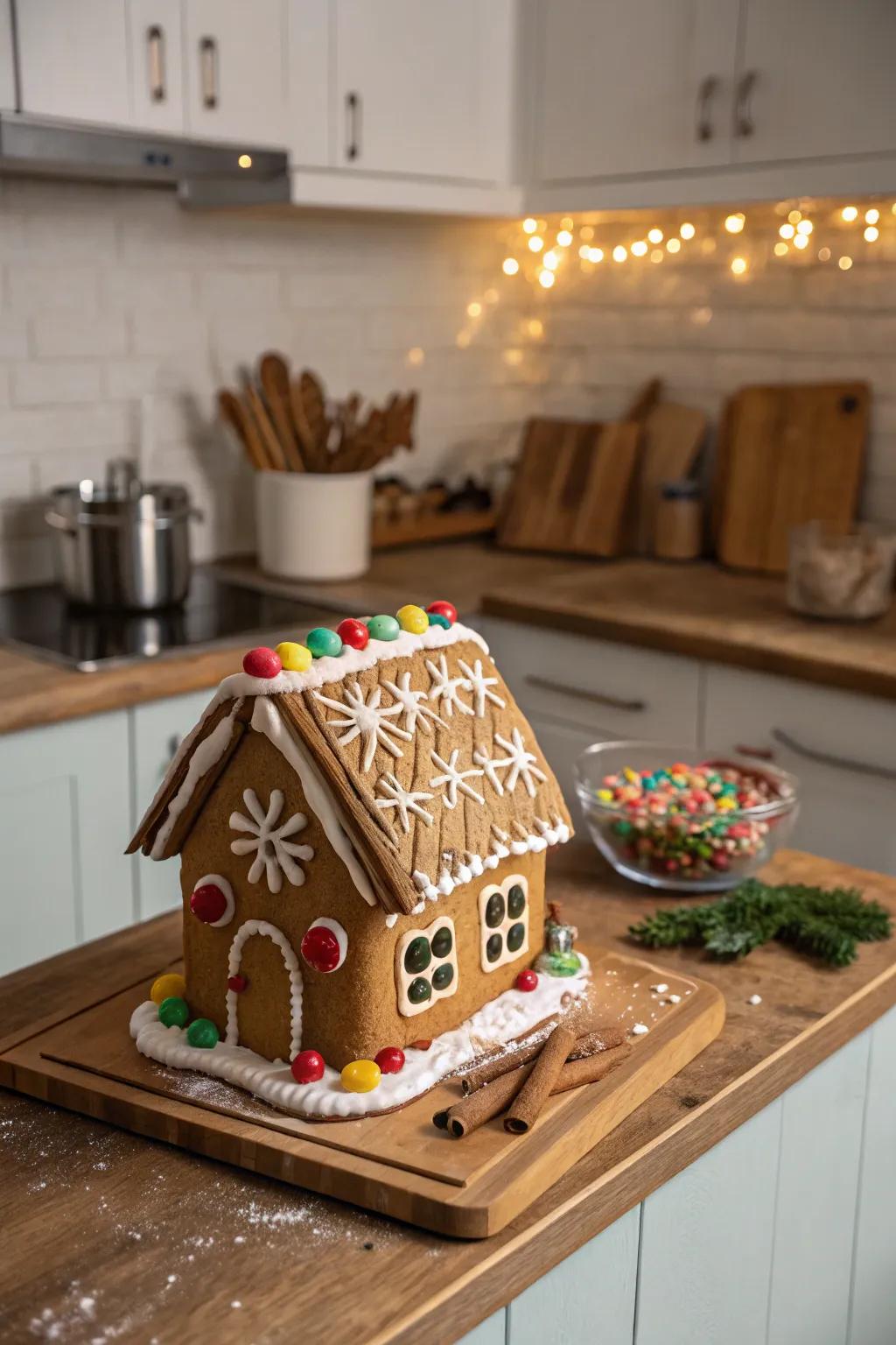 A gingerbread rooftop featuring countryside cinnamon batons.