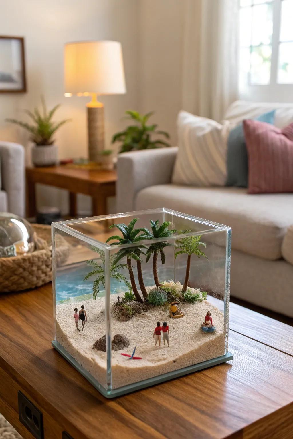 An imaginative coastal diorama stored inside a glass tile.