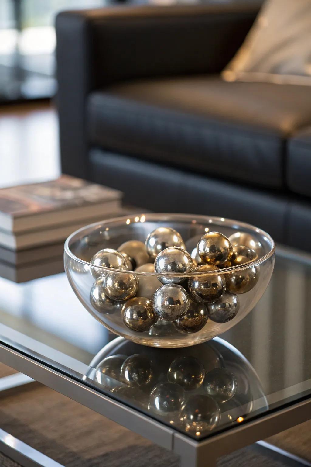 Modern metal spheres in a clear bowl.