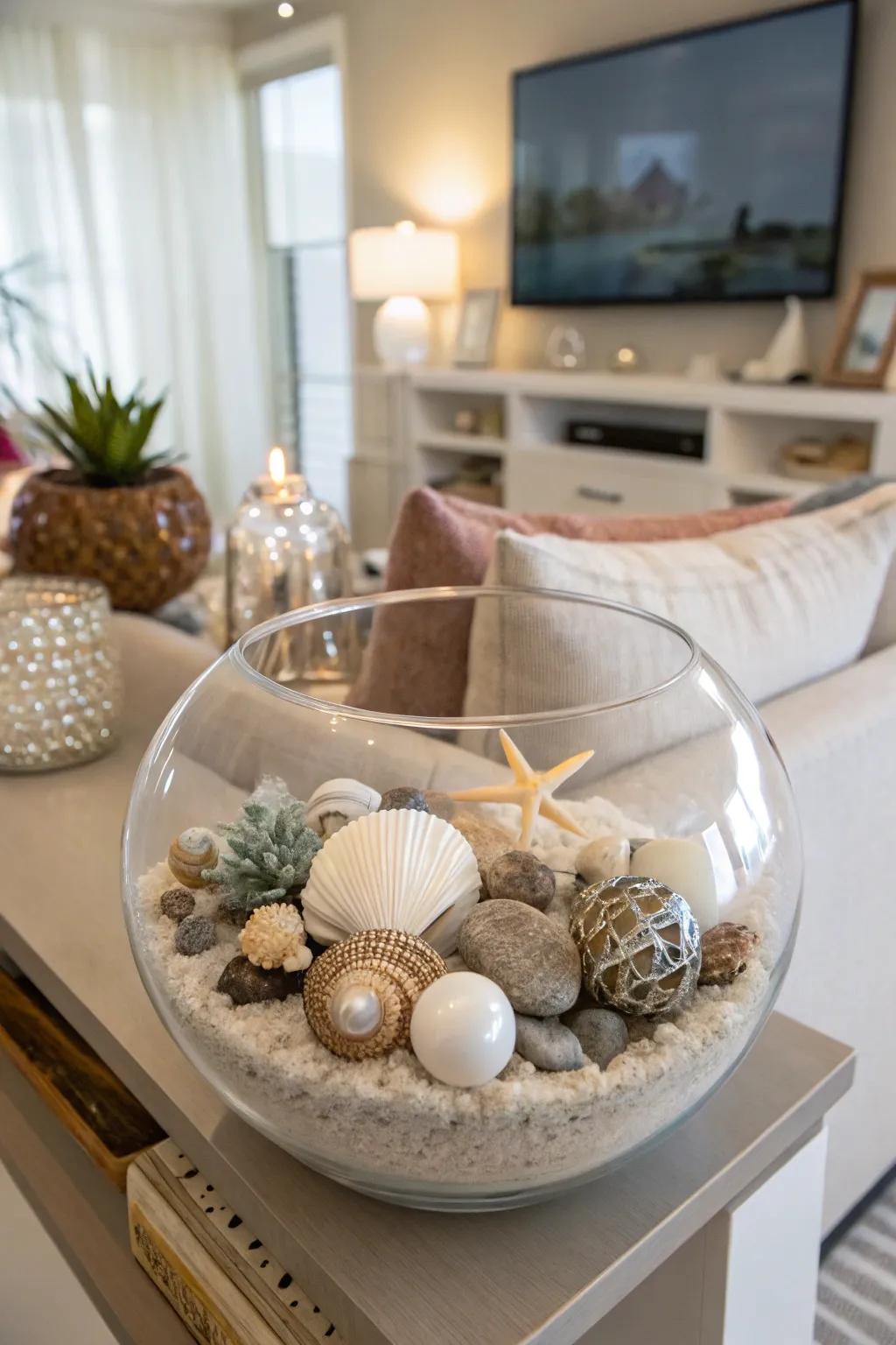 Eclectic elegance with a mix of ornaments in a glass bowl.