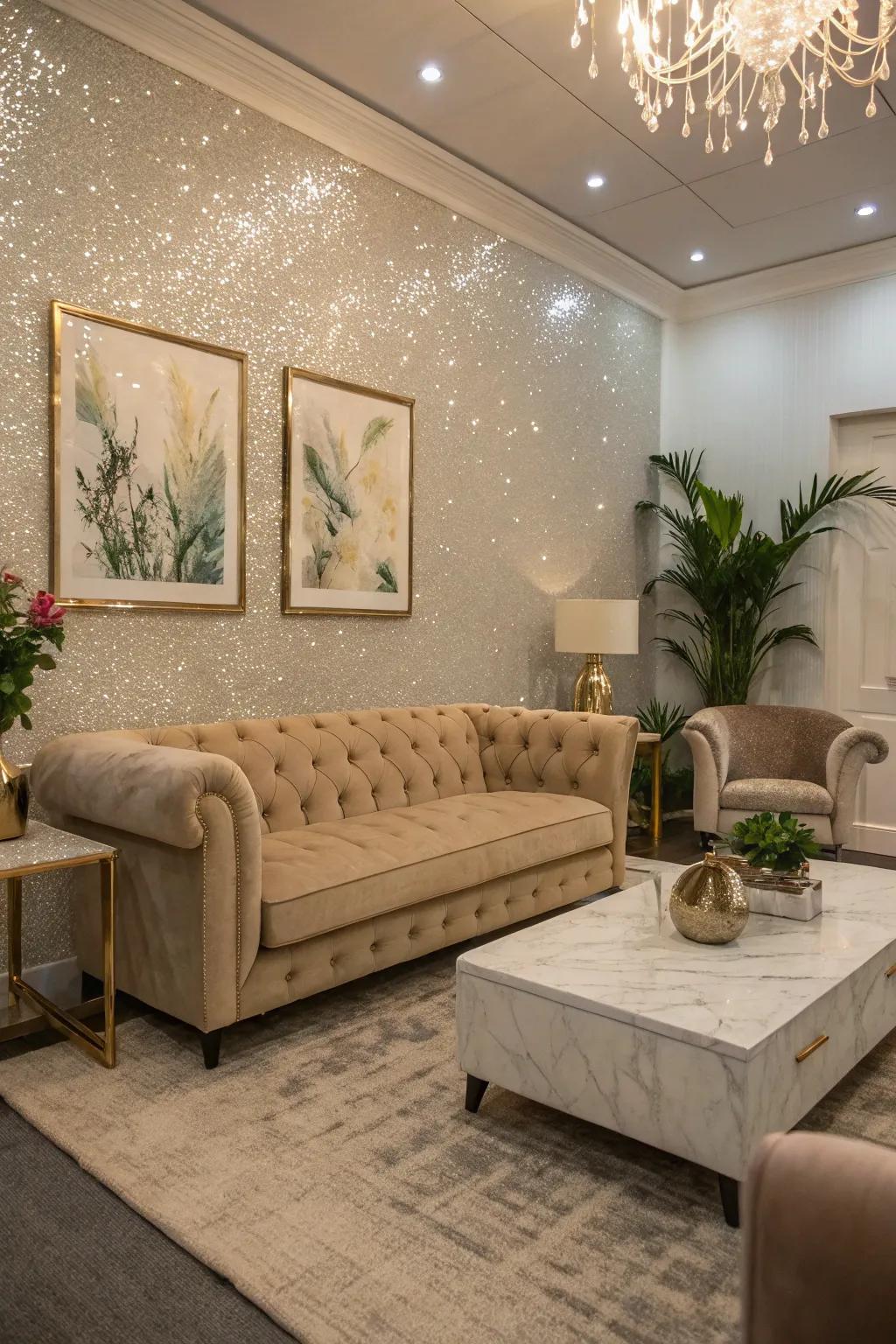 A shimmering feature wall adds understated beauty.