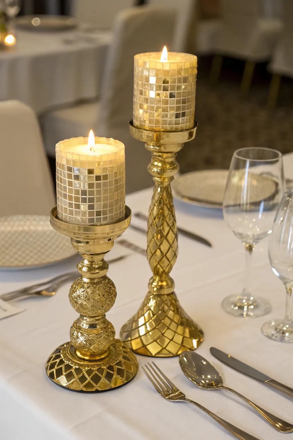 Dazzling gold mosaic candle holders offering a warm glow.