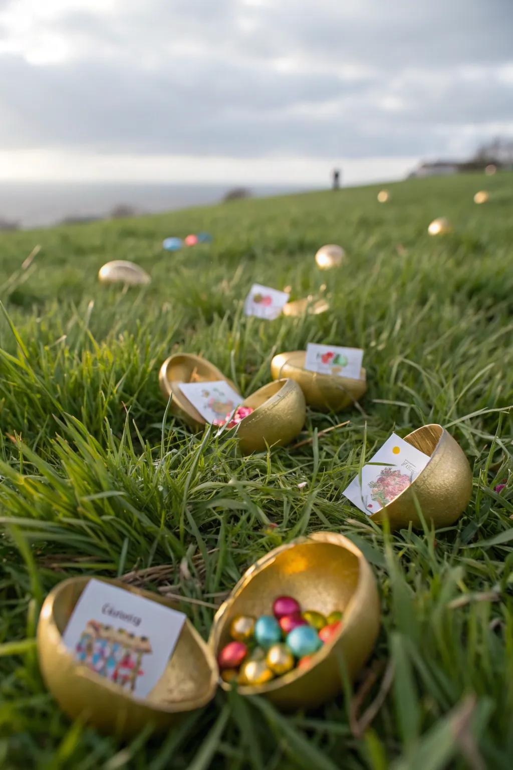 Gilded eggs filled with surprises add excitement to Easter hunts.
