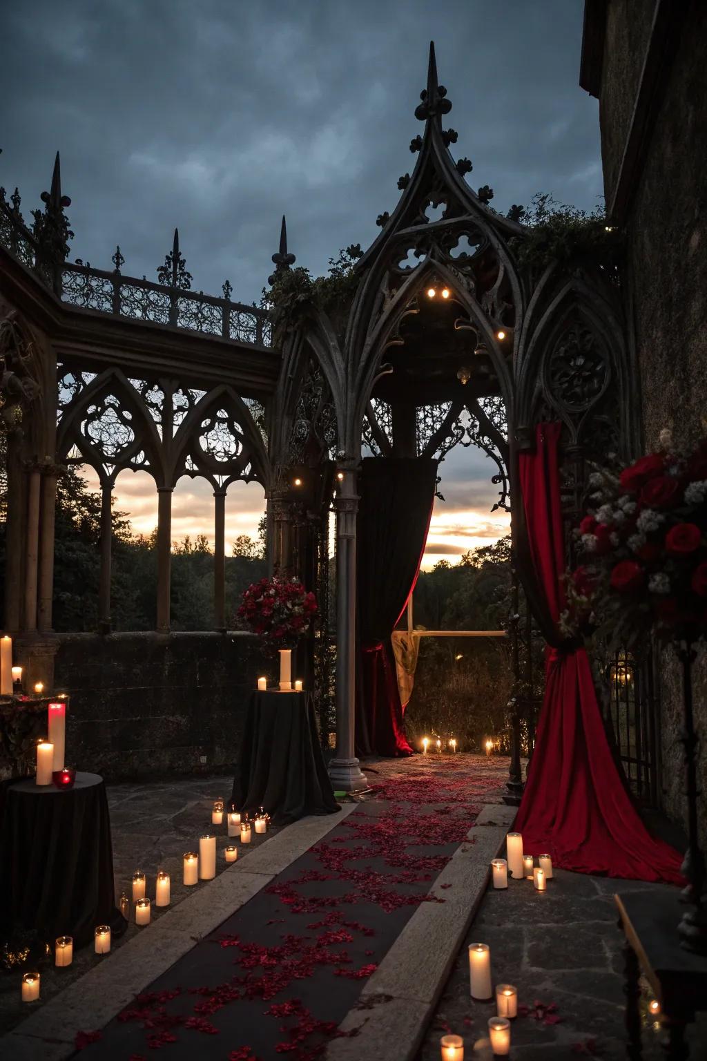 A gothic wedding ceremony at twilight featuring subdued illumination.