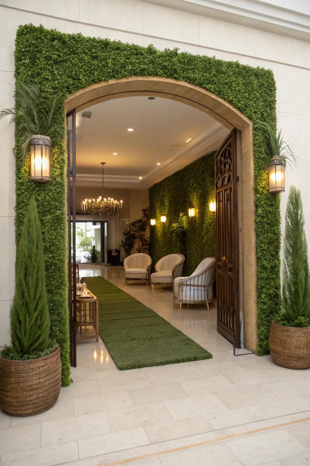 A vertical garden in the entranceway designs an inviting and organic first impression.