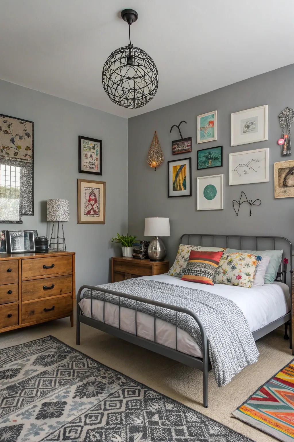 Eclectic decor brings a customized element to gray bedrooms.