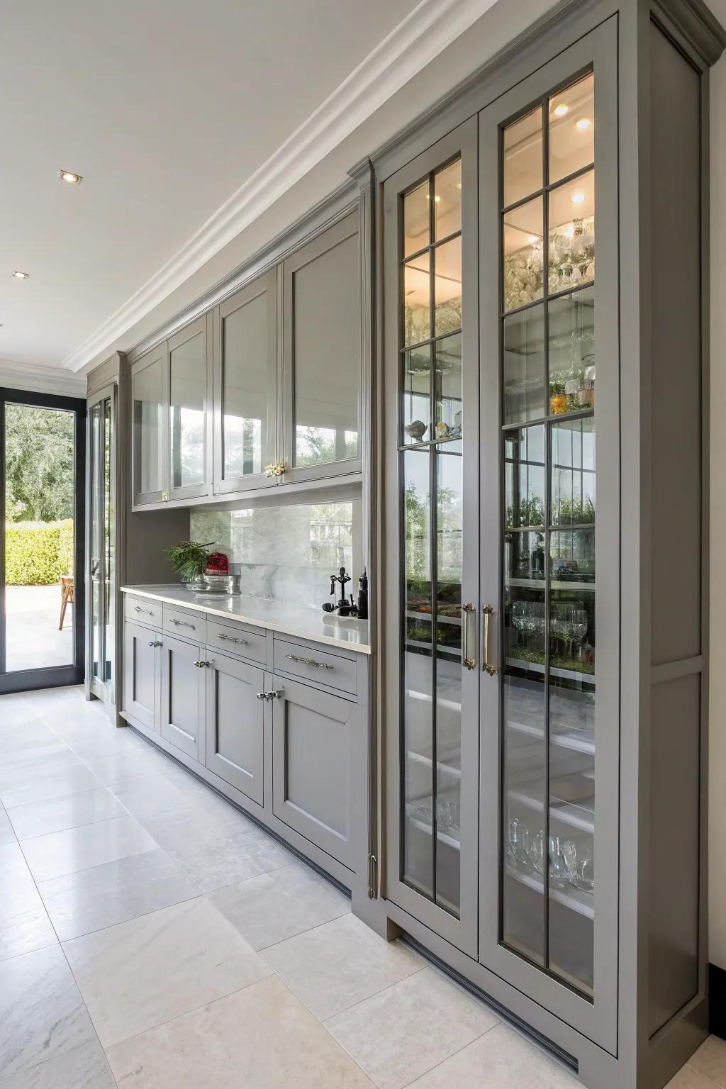 Glass cabinet doors imparting sophistication and transparency to gray cabinets.