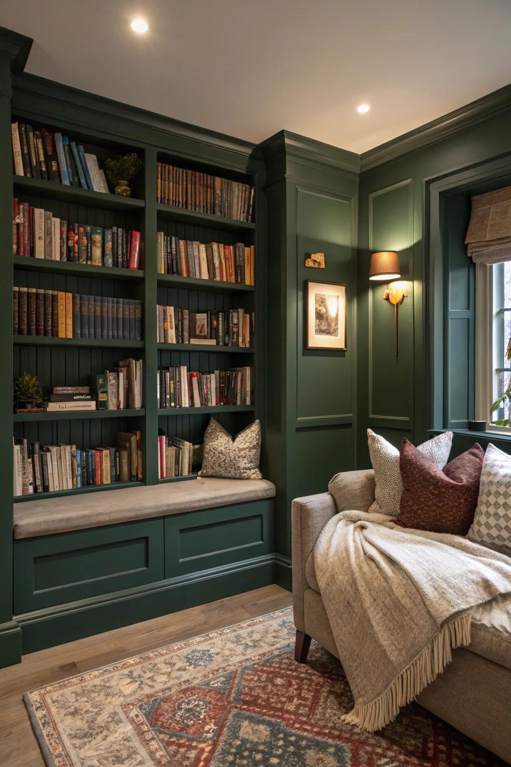 A deep green wall adds sophistication to this home study.