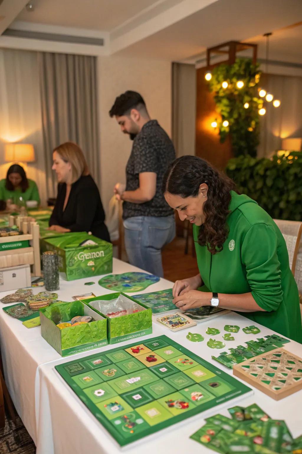 Green-themed table activities for an interactive experience.