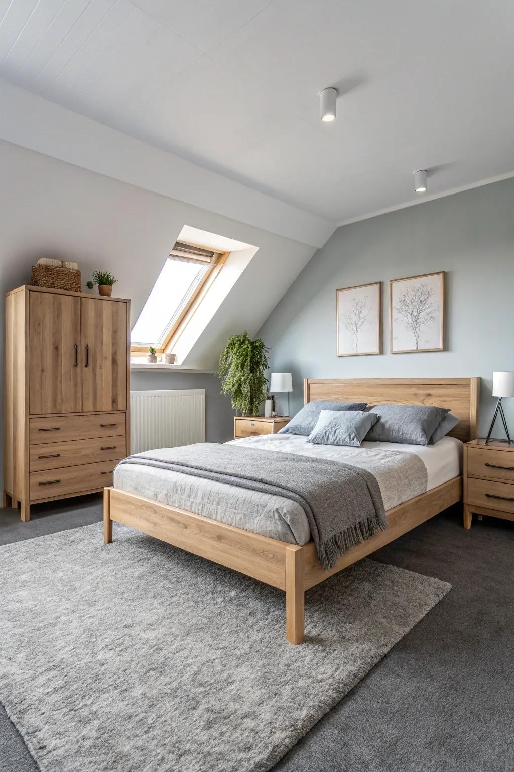 Scandinavian simplicity complements the ash-toned floor covering, creating an airy and peaceful space.