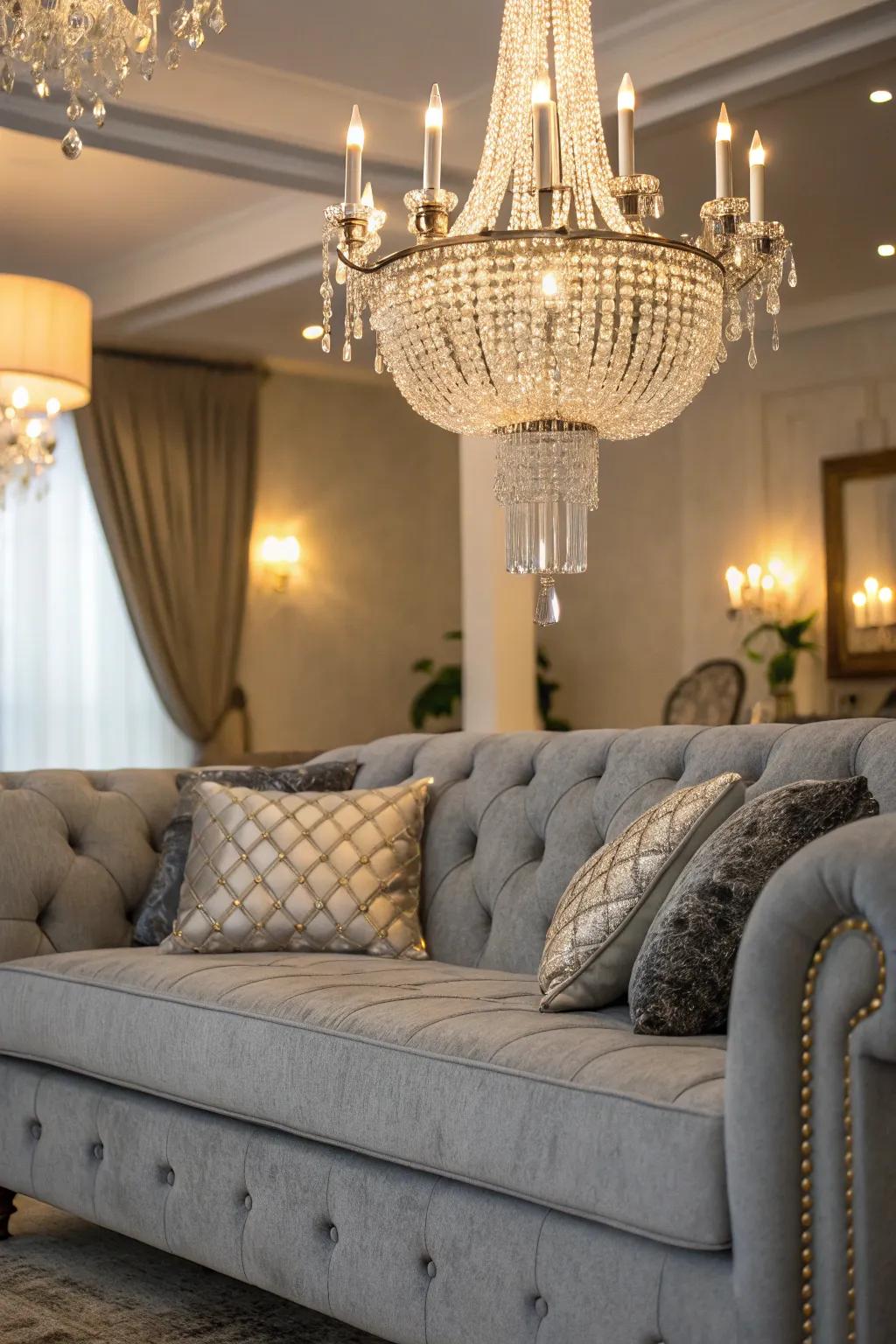 Glamorous details elevate the elegance of a gray sofa.