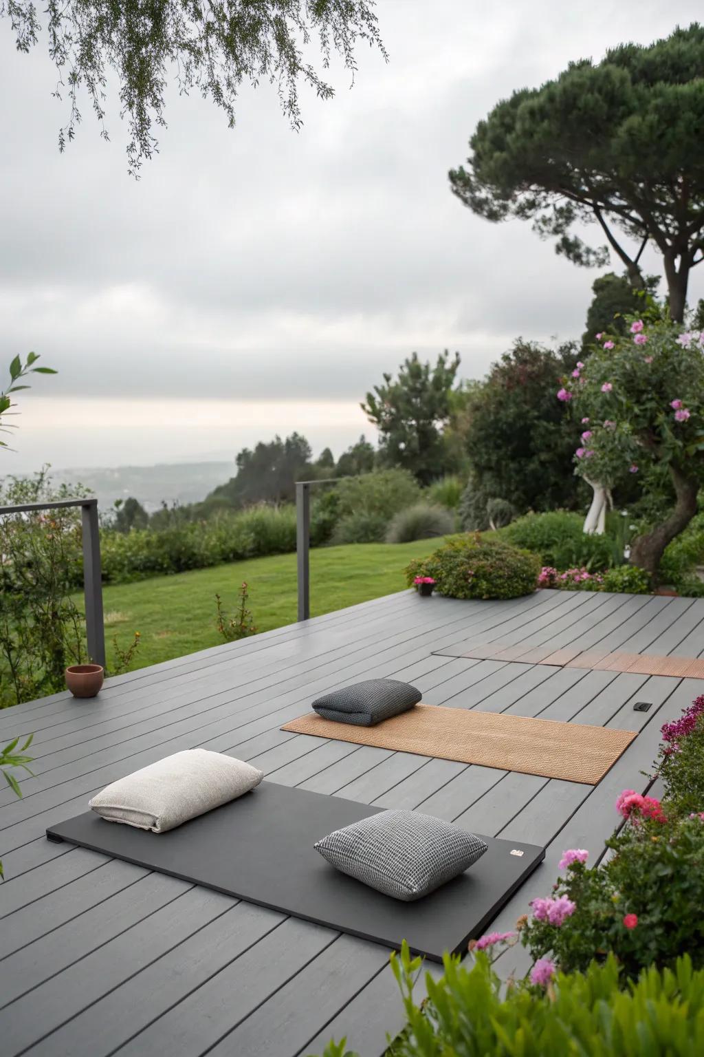 A peaceful yoga space on a serene grey deck.