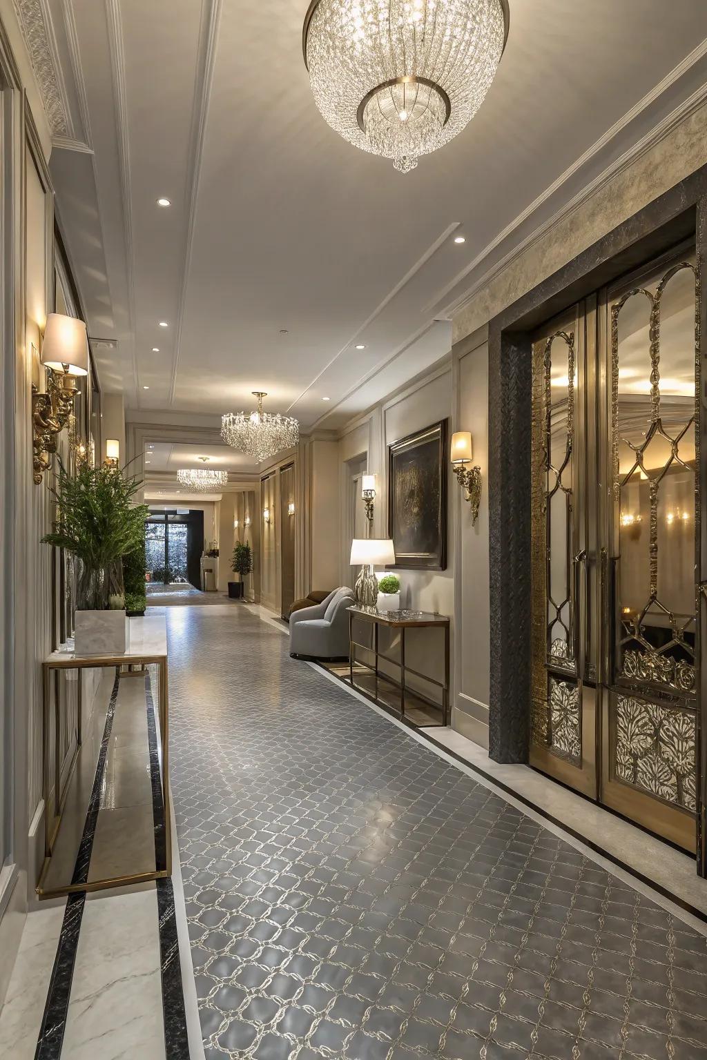 Grey metallic flooring adds a touch of glam to this luxurious entryway.