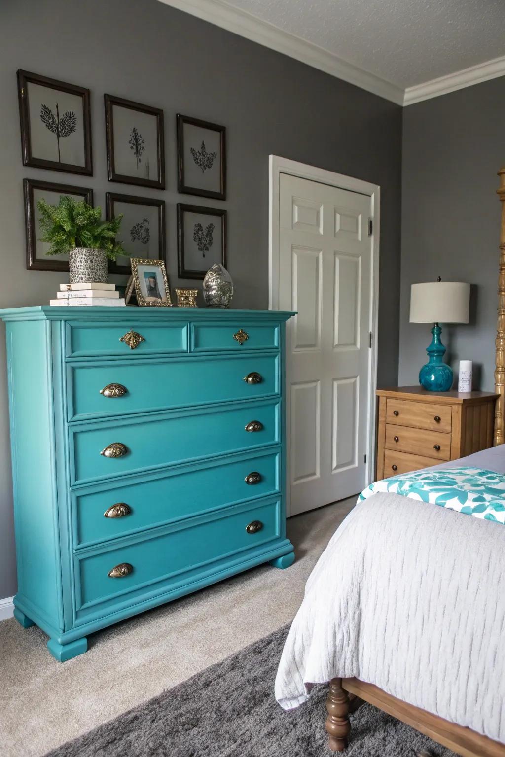 A custom-painted dresser offers a daring and personalized touch.