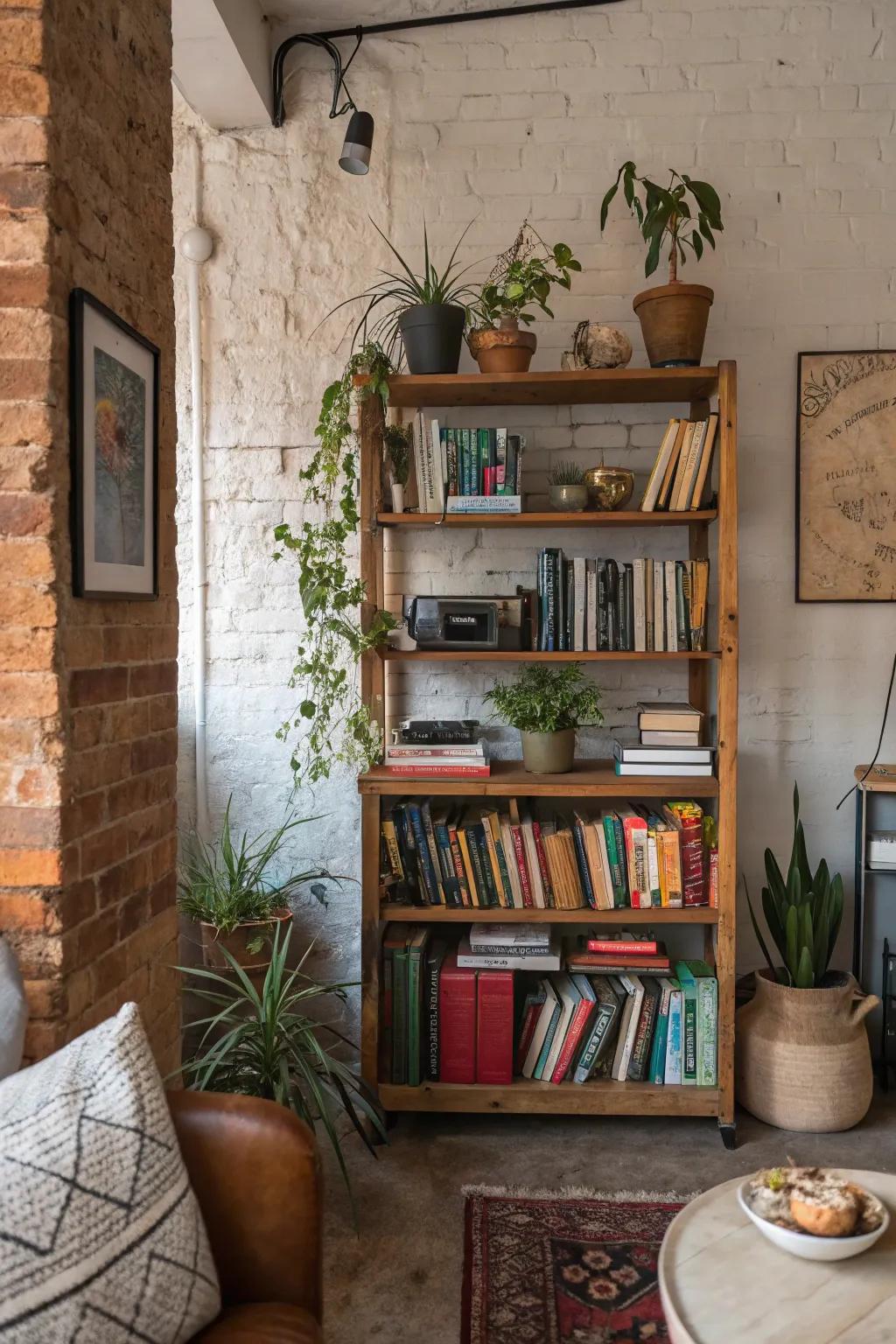 An individual bookshelf appends depth and individuality to the decor.