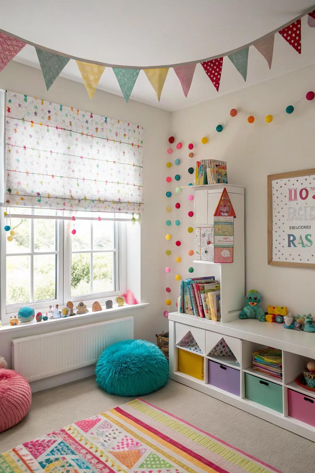 Playful children's room with fluff ball accented window blinds.