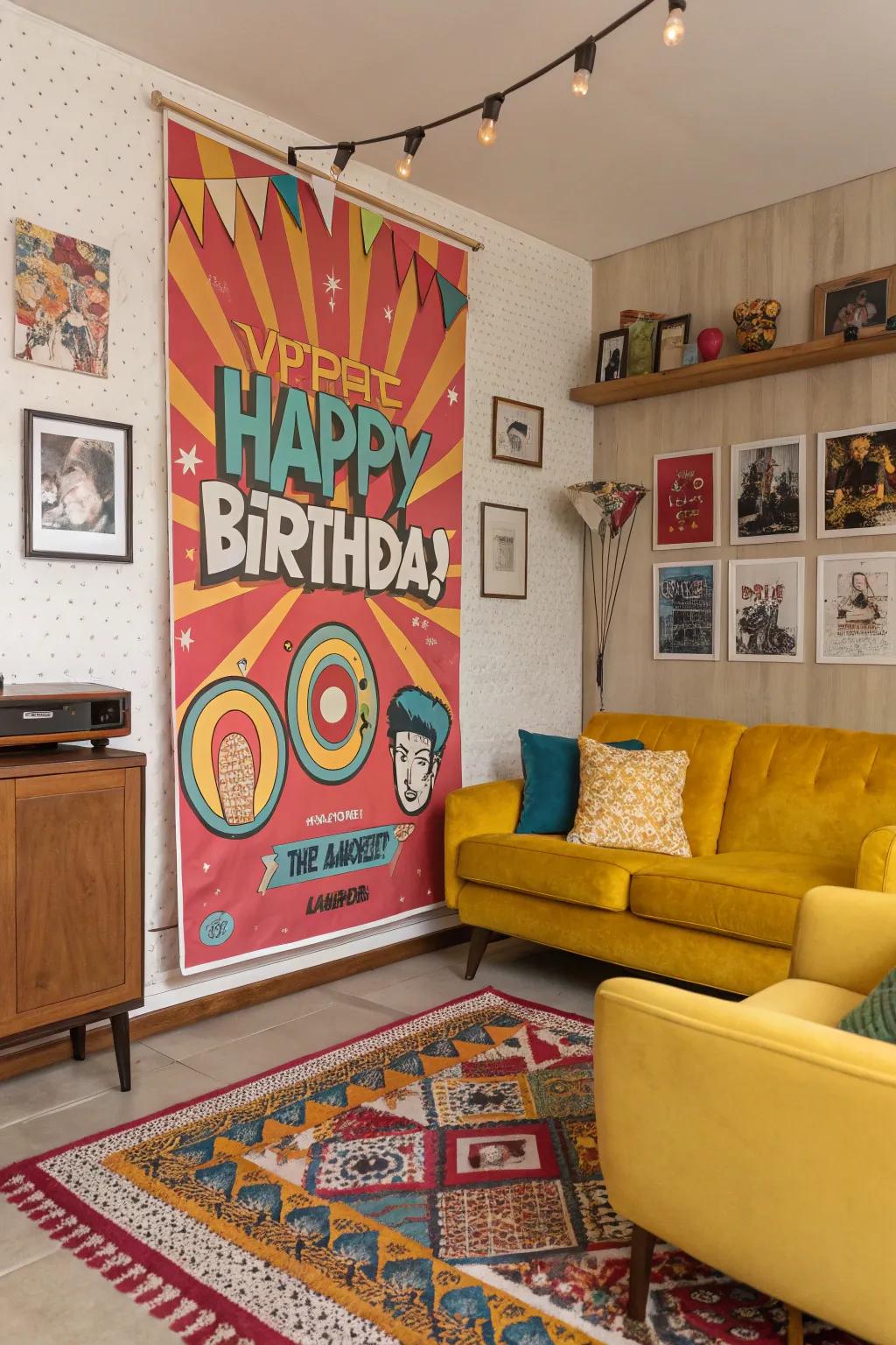 Retro modern art adds bold flair to birthday announcements.