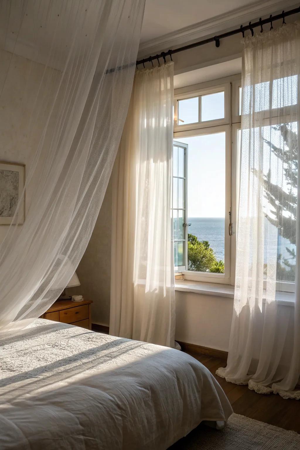 Ghostly window coverings evoke an ethereal presence.