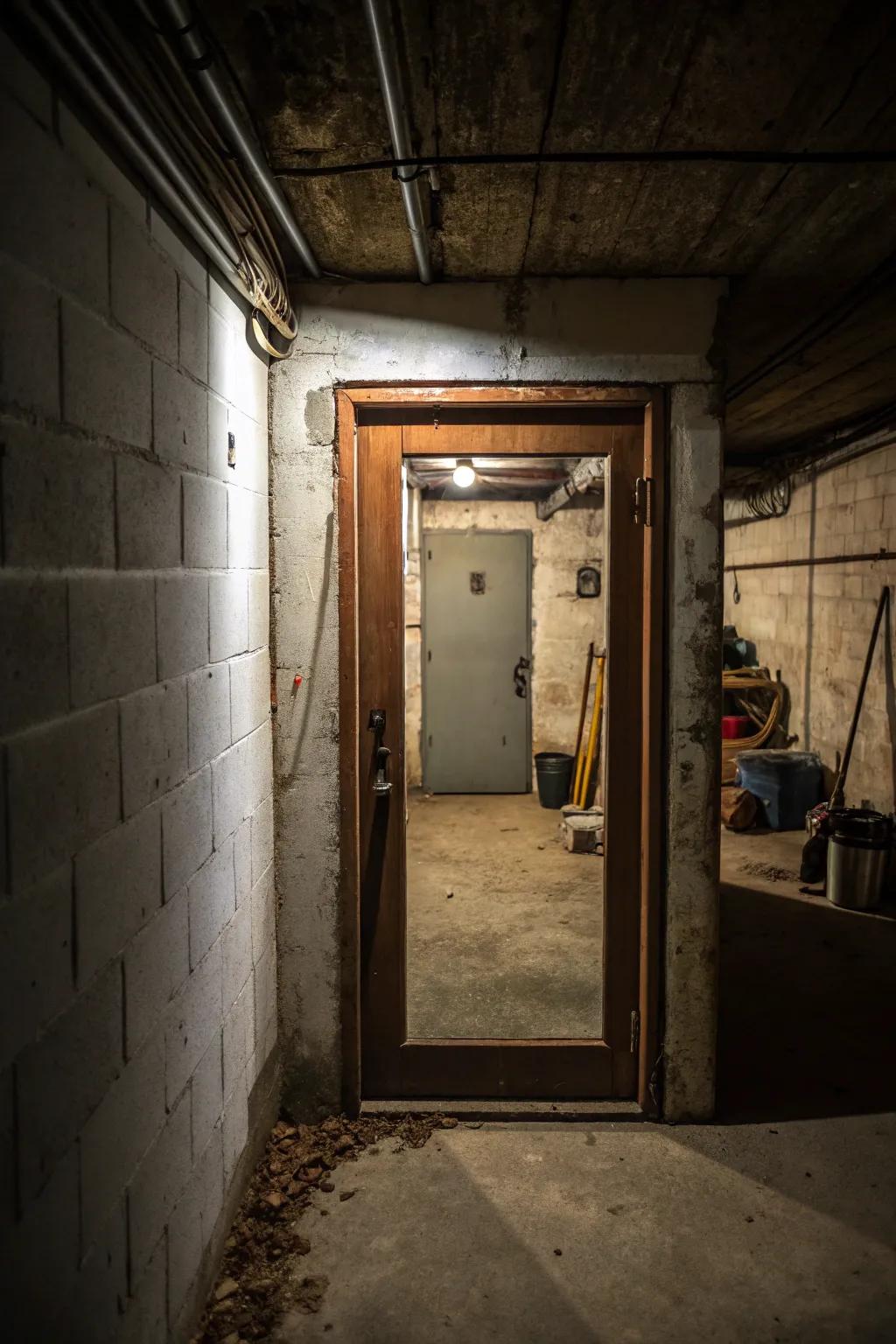 A hidden mirror door transforms the basement entrance into a feature.