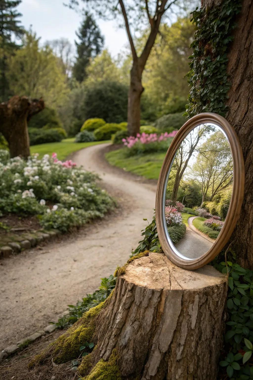 An exterior reflective surface mount on a tree stump elevates garden aesthetics.