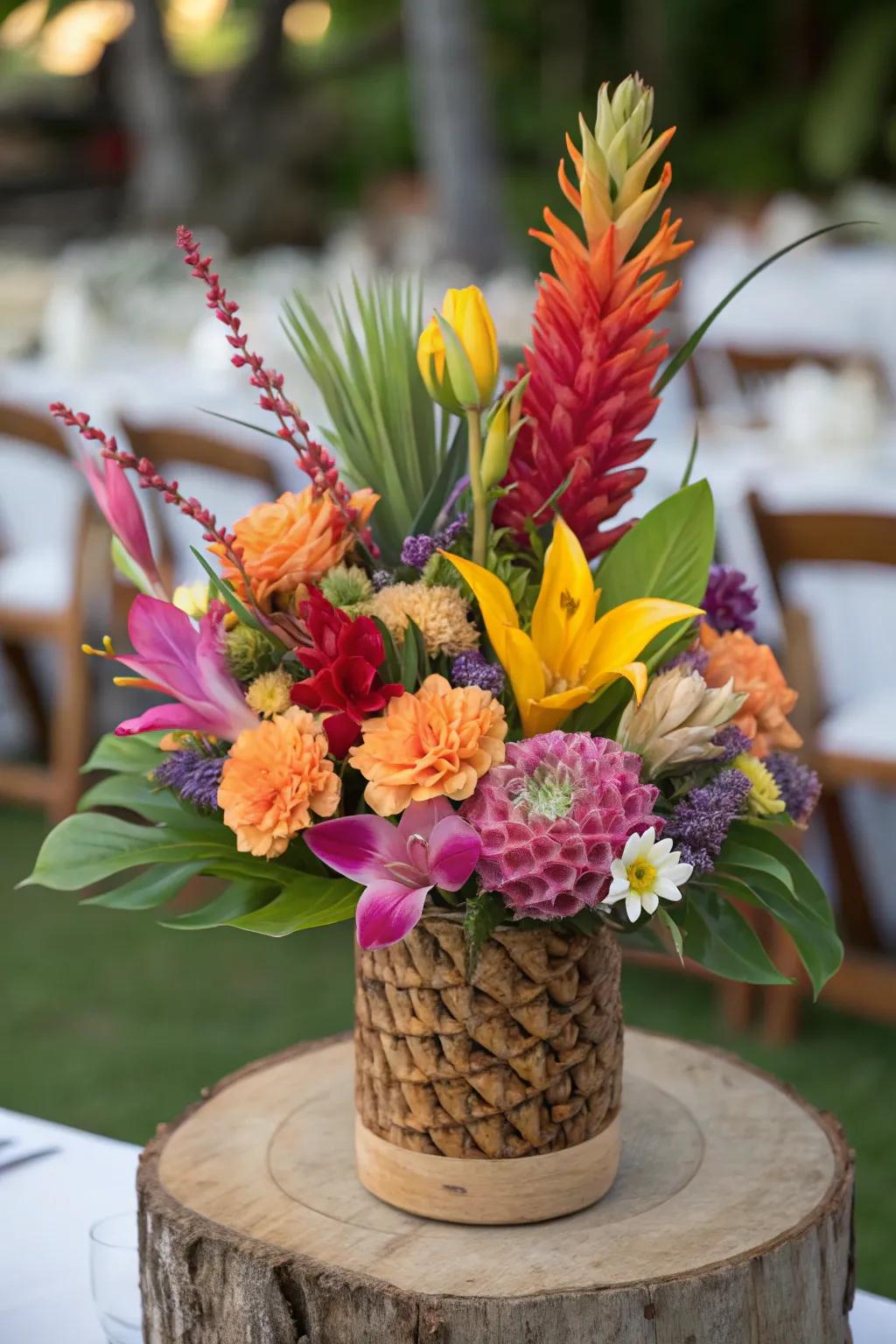 Vivid tropical flowers fashion unique and intriguing setups.