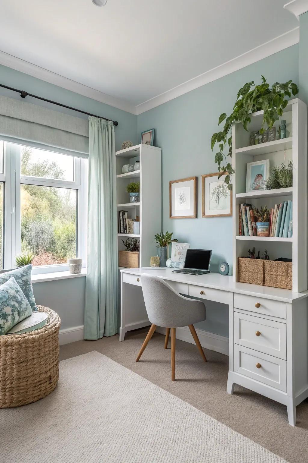 Calming colors foster a peaceful and focused workspace environment.