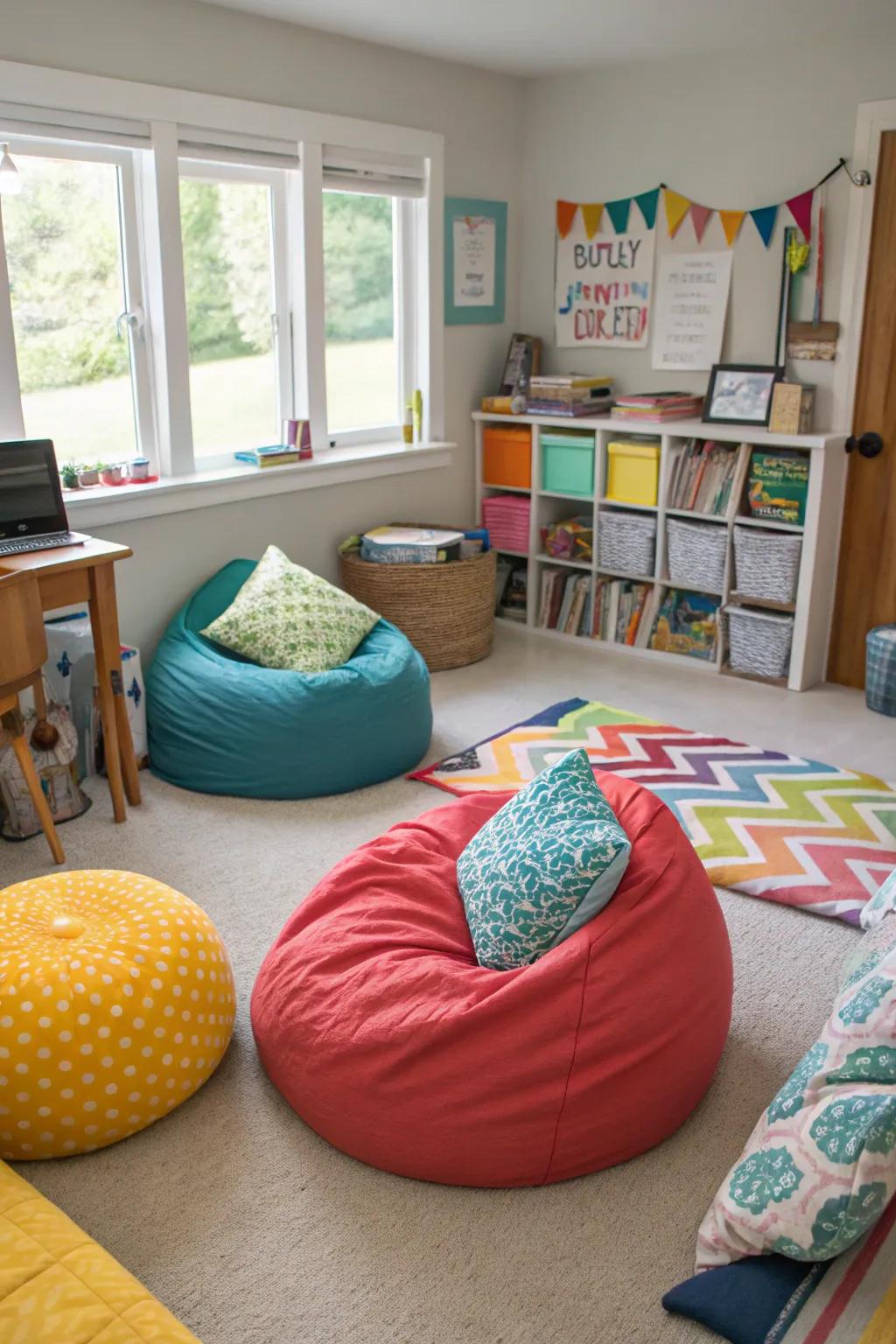 Flexible seating provides comfort and adaptability for different learning activities.