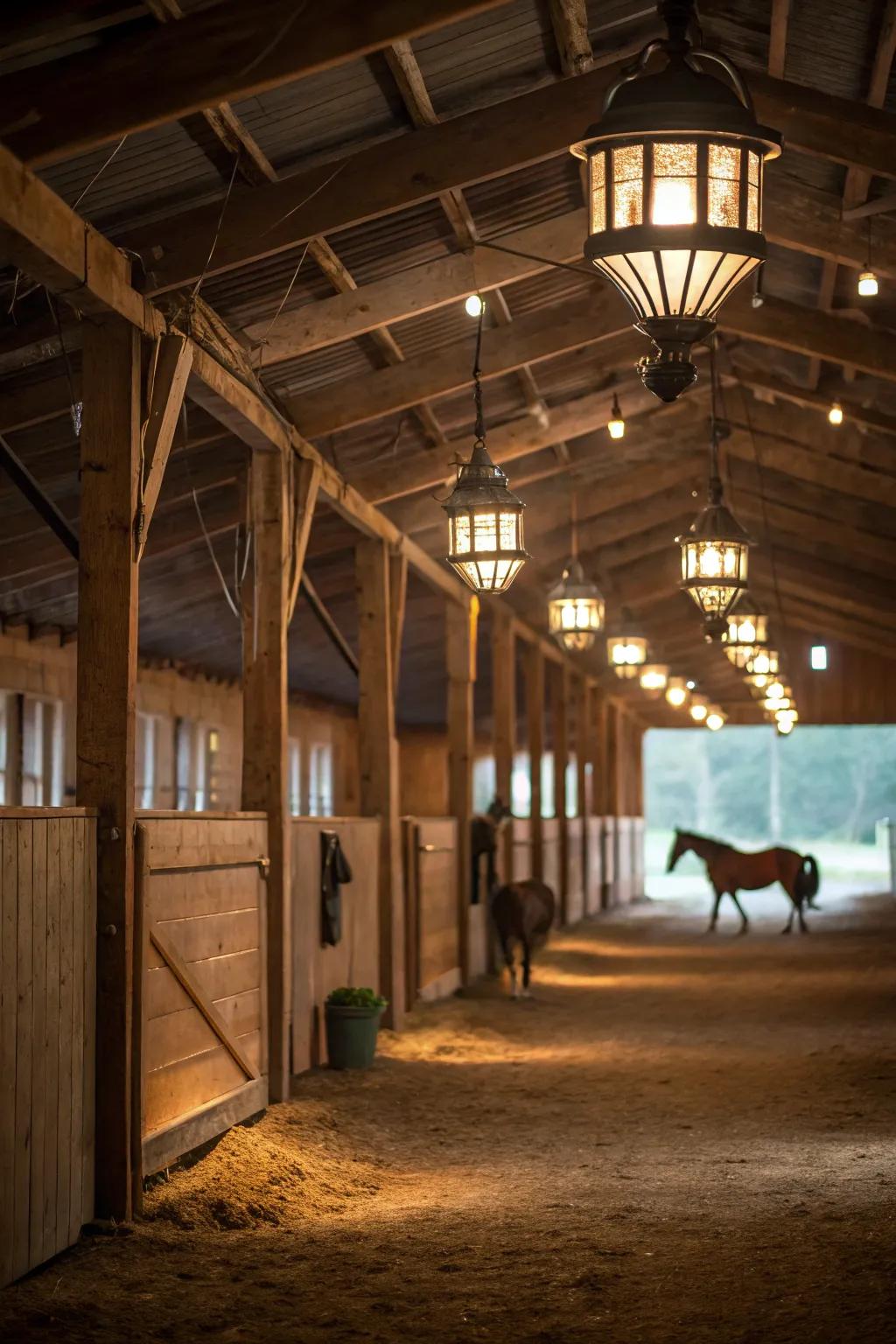 Lamp-style lights add antique charm to the barn.