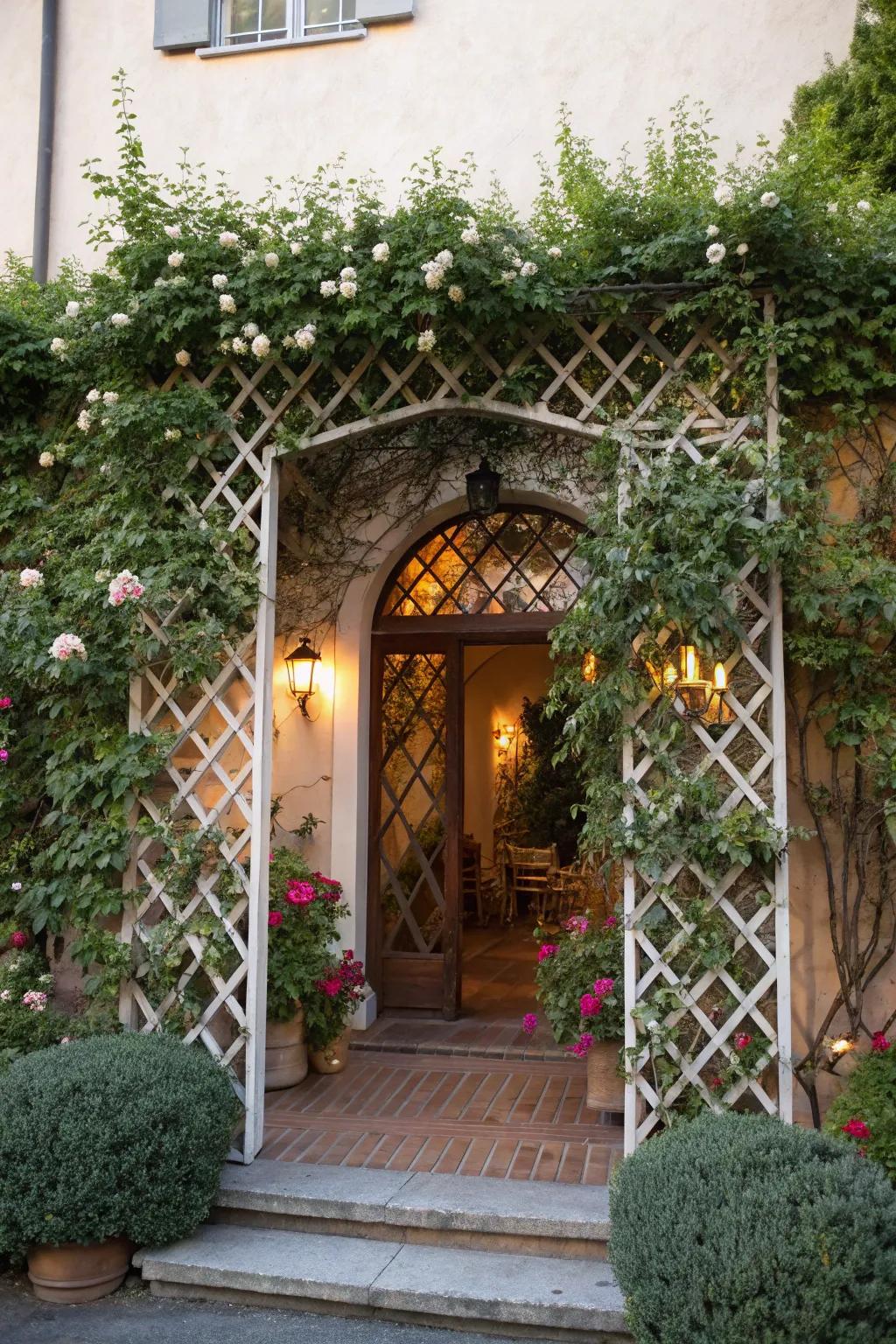 Lattice and trellis encapsulating your entrance with organic splendor.