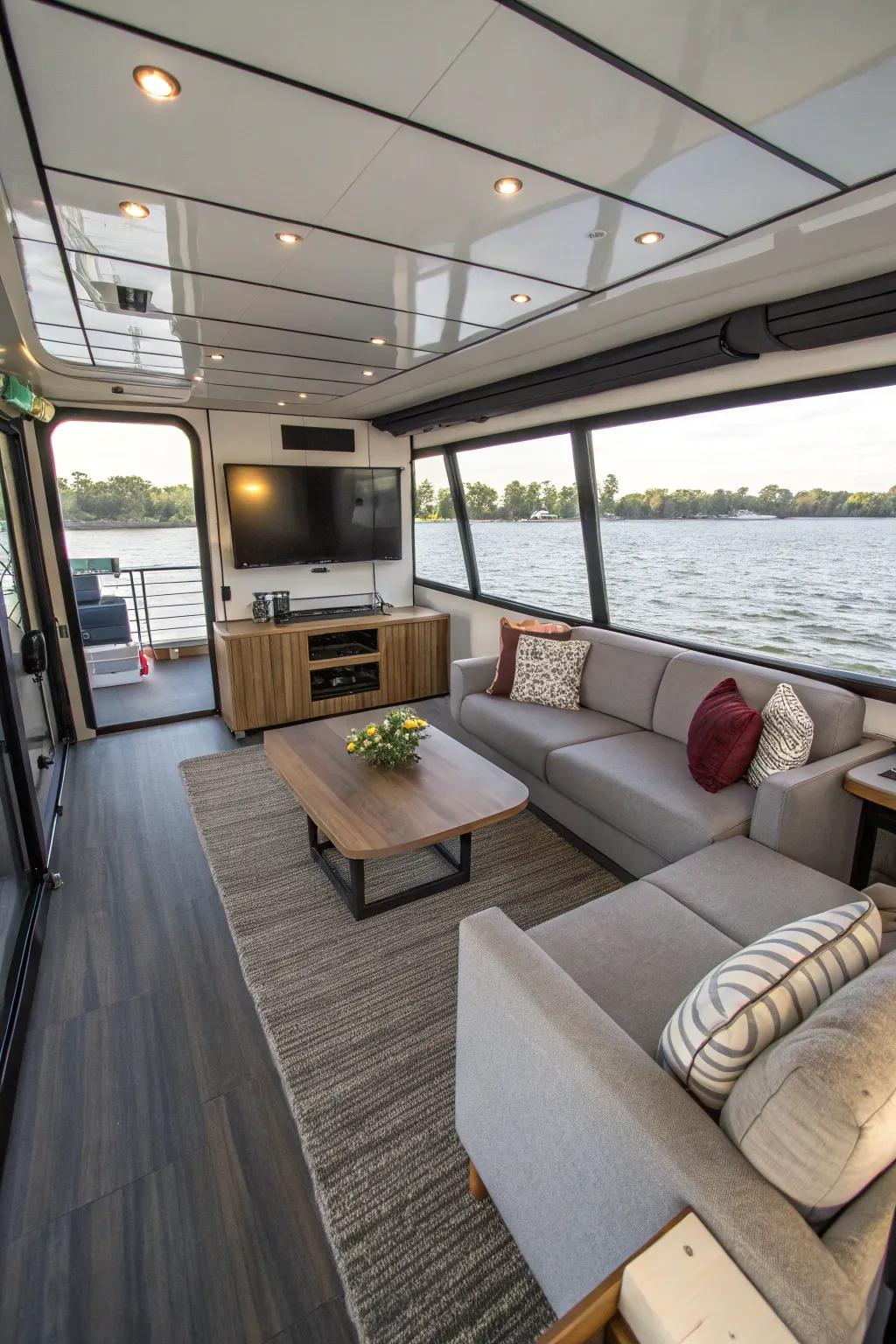 A flexible entertainment area is designed to adapt to different requirements on this houseboat.