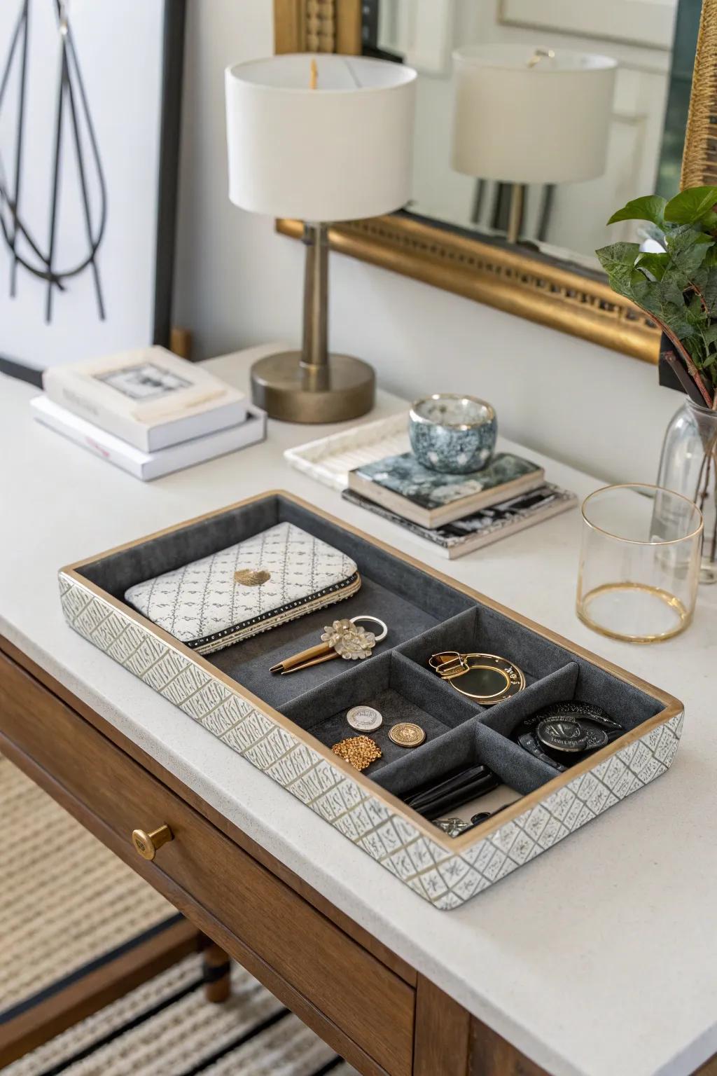 A functional tray provides a designated space to organize everyday items, adding both practicality and style.