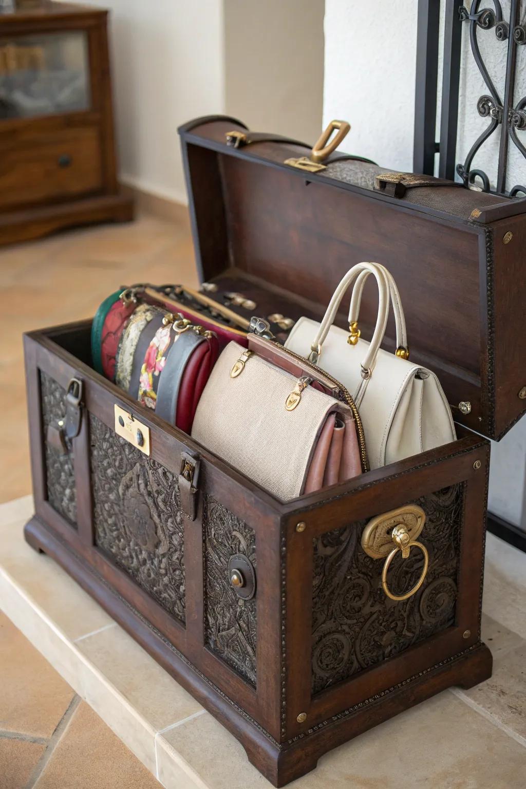 An ornamental case delivering stylish concealed storage for handbags.