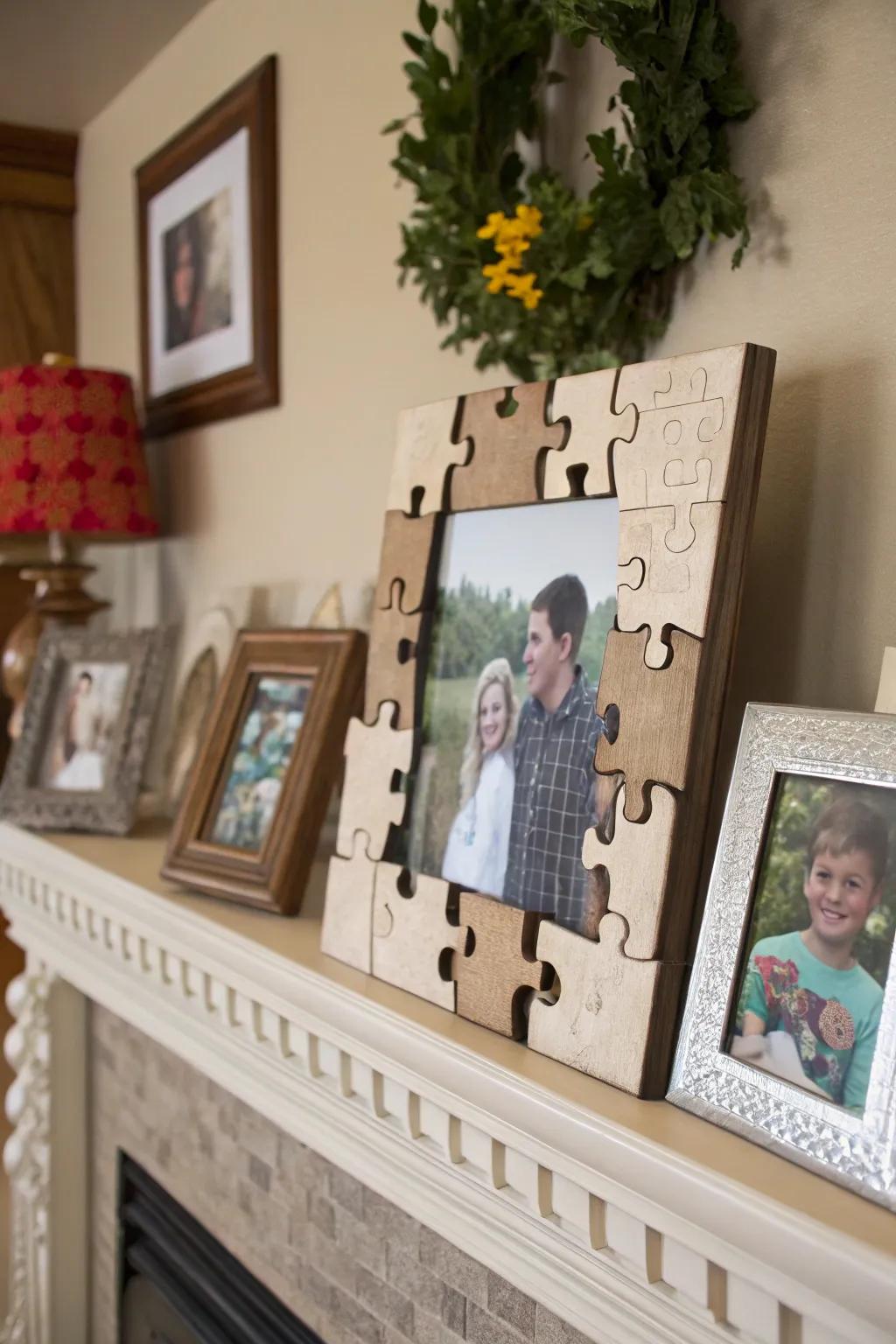 A picture frame creatively crafted from puzzle pieces.