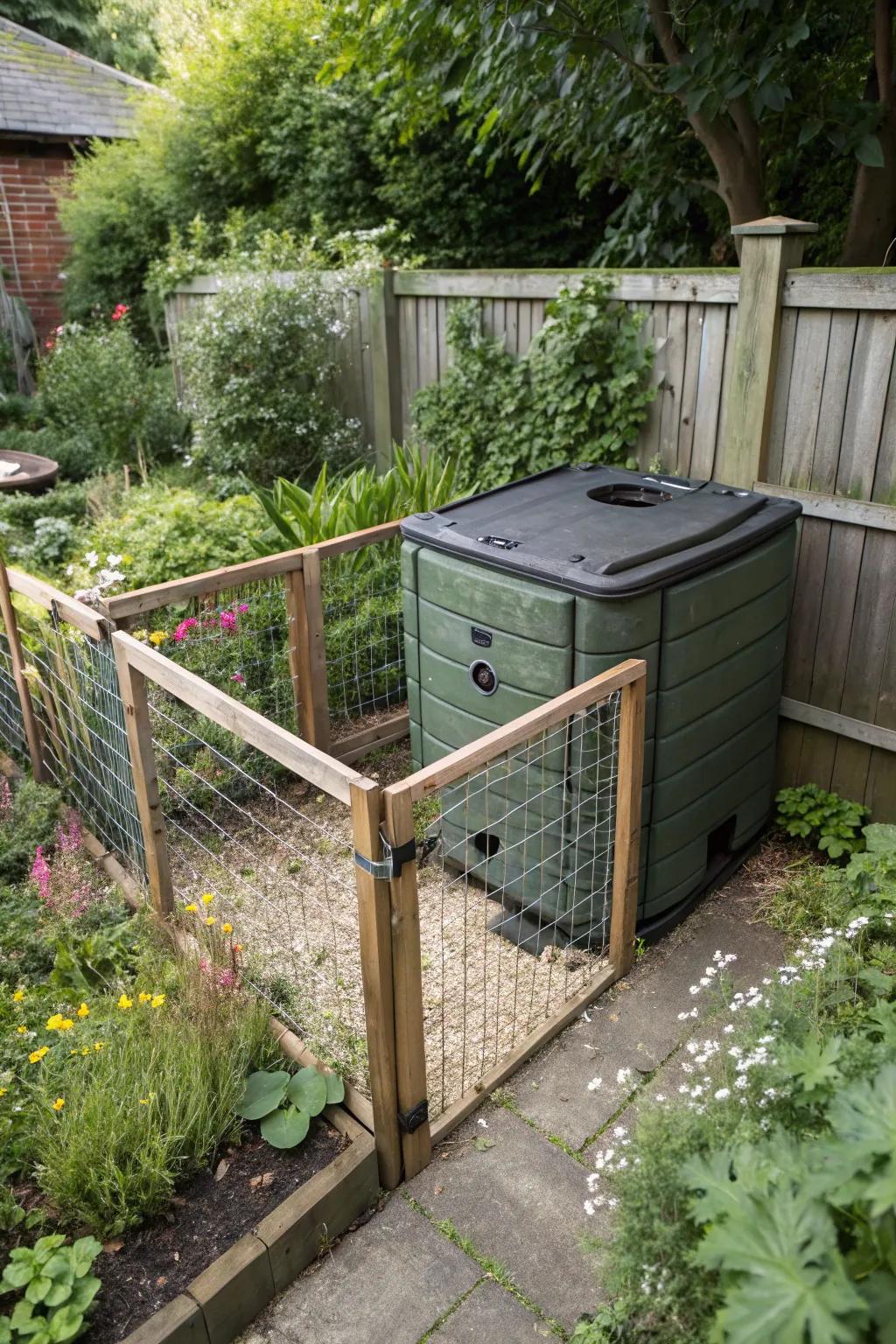 A compost container that is animal-safe and has secure features to guarantee safety and accessibility.
