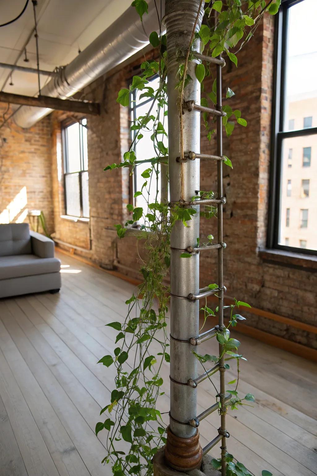 A loft-style living space showcasing a Waxplant on an urban pipe trellis.