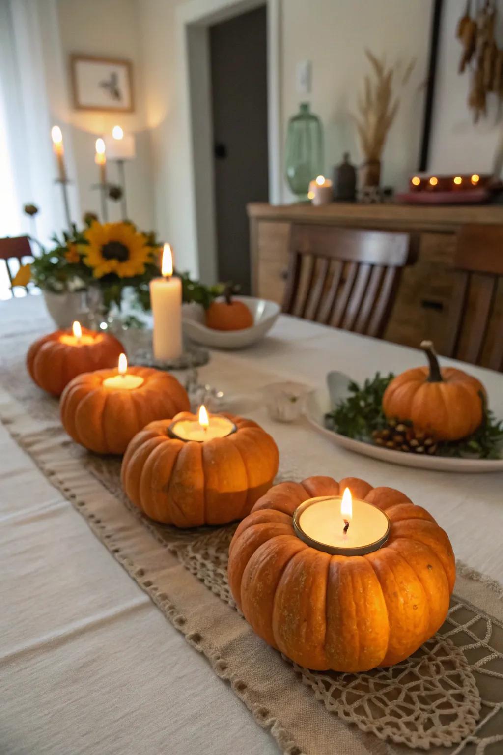 Pumpkin candle holders creating a warm and cozy atmosphere.