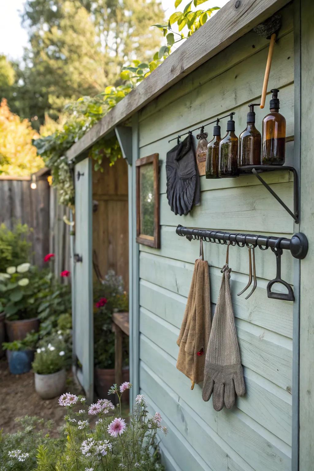 A kitchen rod and hooks make for efficient and arranged storage.