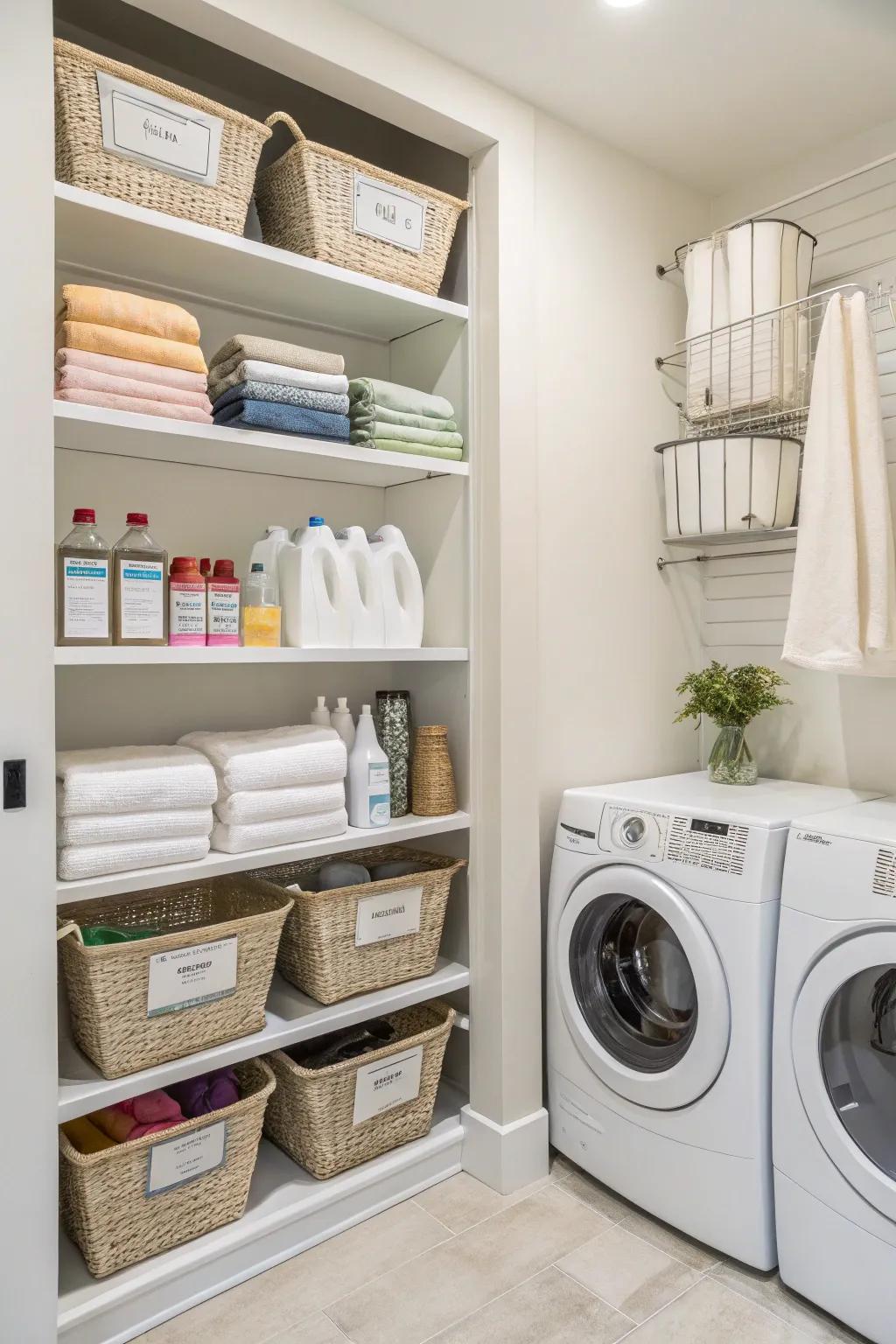 Streamline your laundry routine with organized built-in shelves.