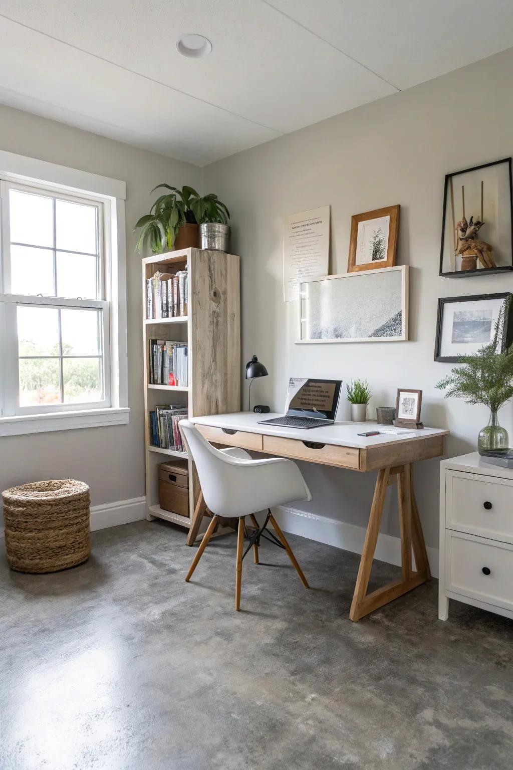 Subtle neutral tones on a concrete floor provide a versatile and timeless backdrop for this home office.