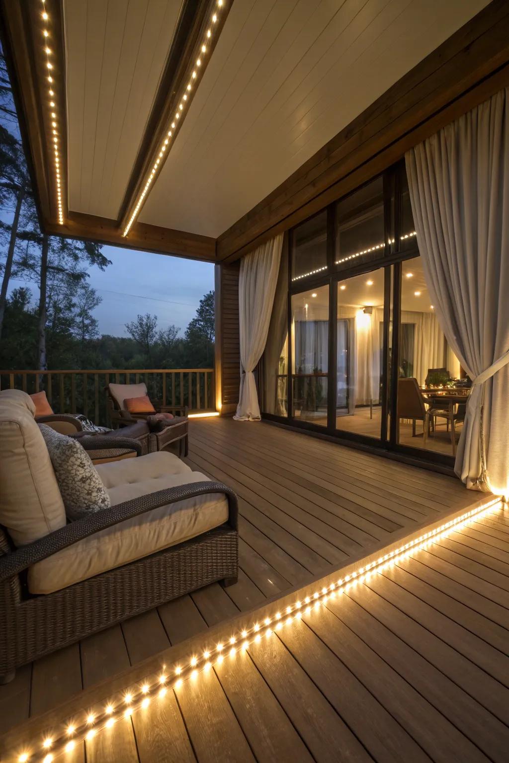 LED strip lighting adds a cozy glow to this indoor deck.