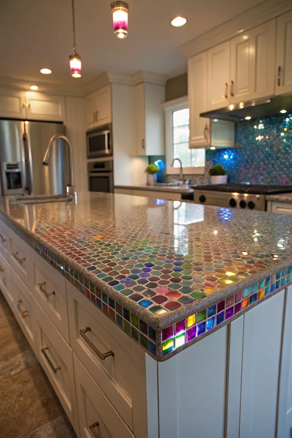 Glass mosaic tiles bring a touch of elegance and sparkle to kitchen countertops.