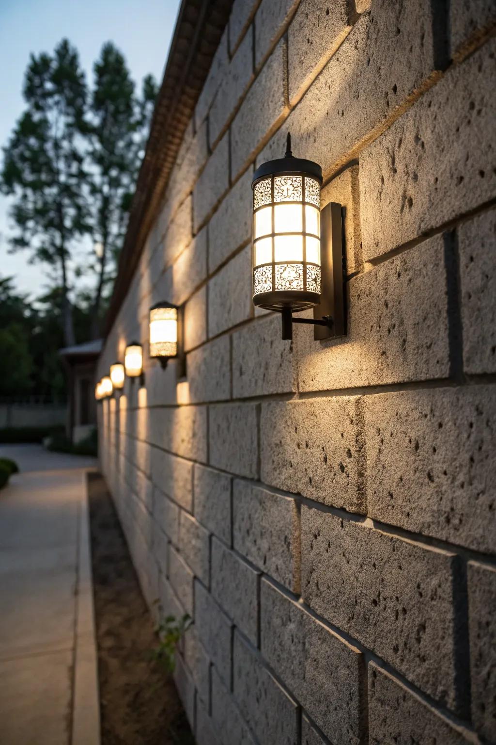 Elegant light installations enhance the texture of a cinder block wall.