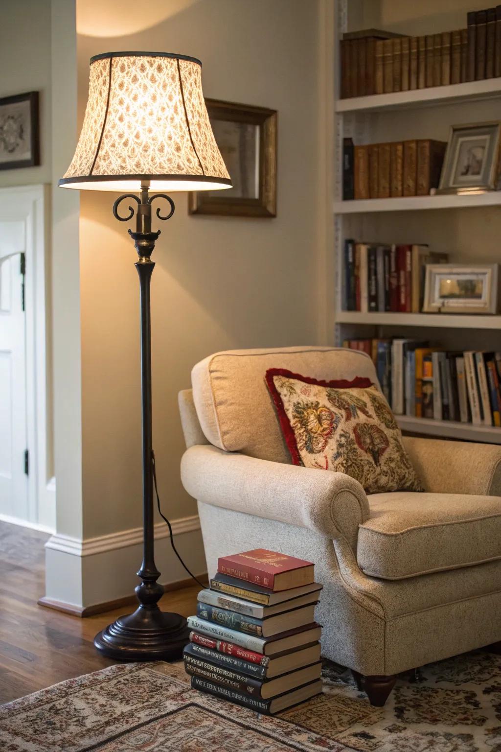 A standing light accentuating a cozy perusing corner within a living space.