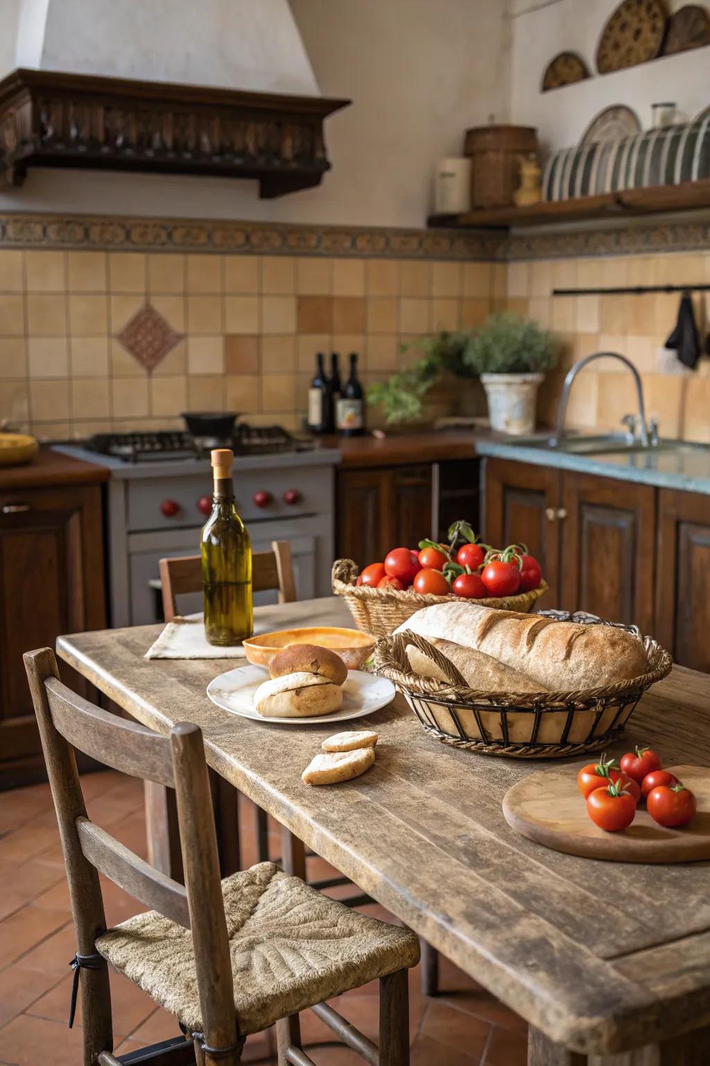 A strong rustic table becomes the heart of the kitchen.