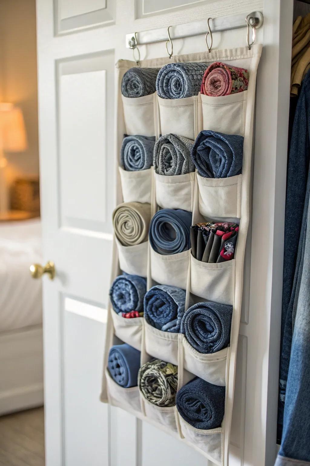 Over-the-door storage pockets furnish a space-saving jeans storage answer.