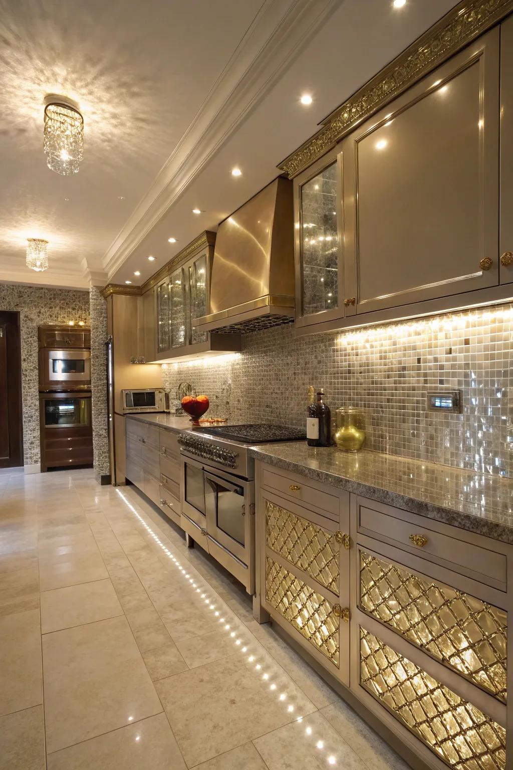 Metallic tile borders bring a glamorous sheen to your kitchen.