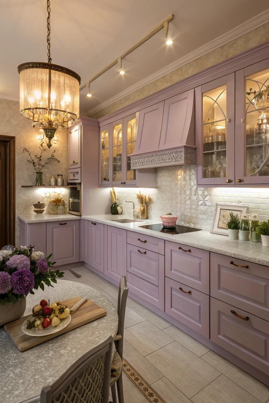 Lavender cabinets offer a soft and romantic kitchen aesthetic.