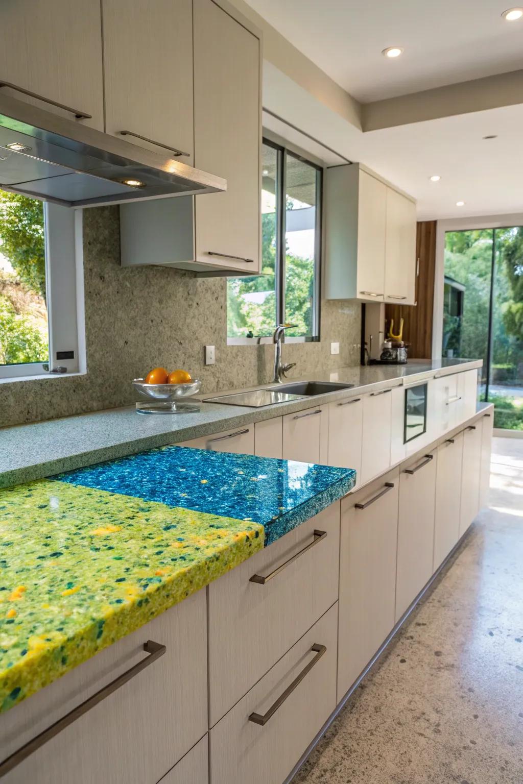 Reclaimed vitric work surfaces proffer an eco-prudent and artistic impression.