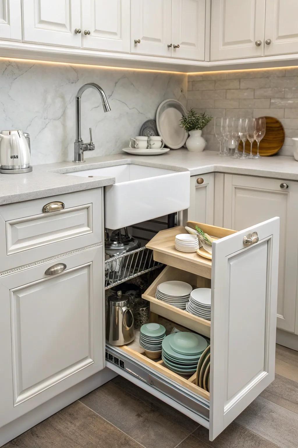 A corner sink optimizes workspace and offers convenient storage.